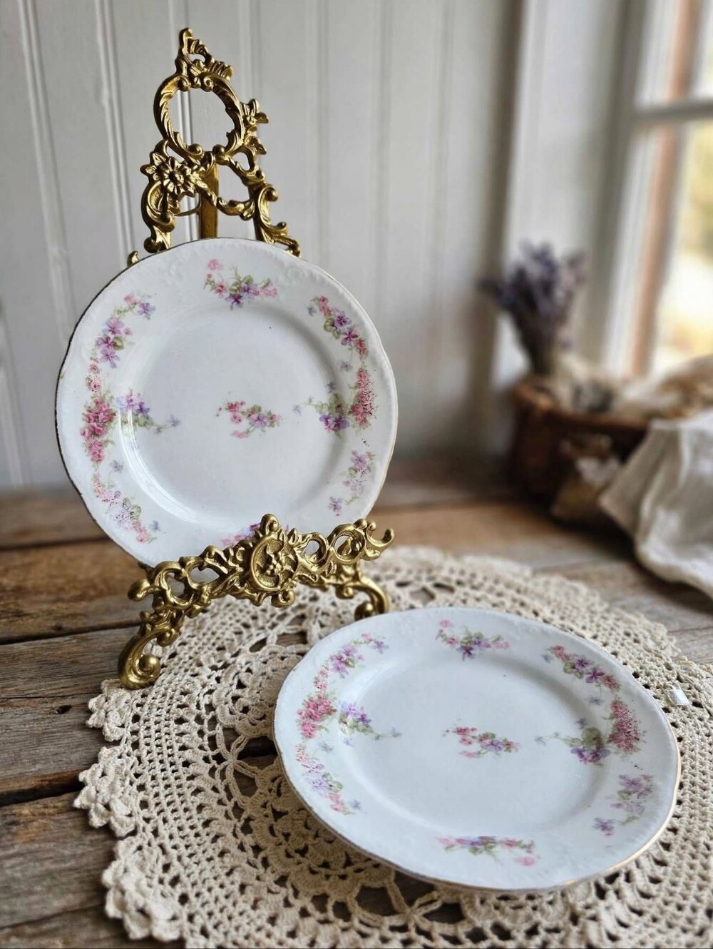 Antique Carlsbad Porcelain Plates - Pink & Purple Floral with Gold Trim (2)
